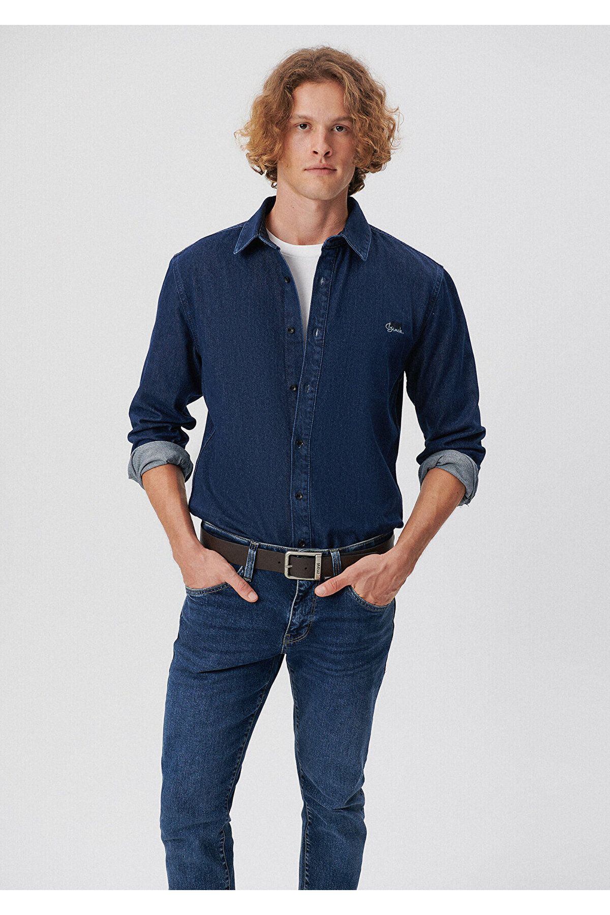 Dark blue hotsell jean shirt