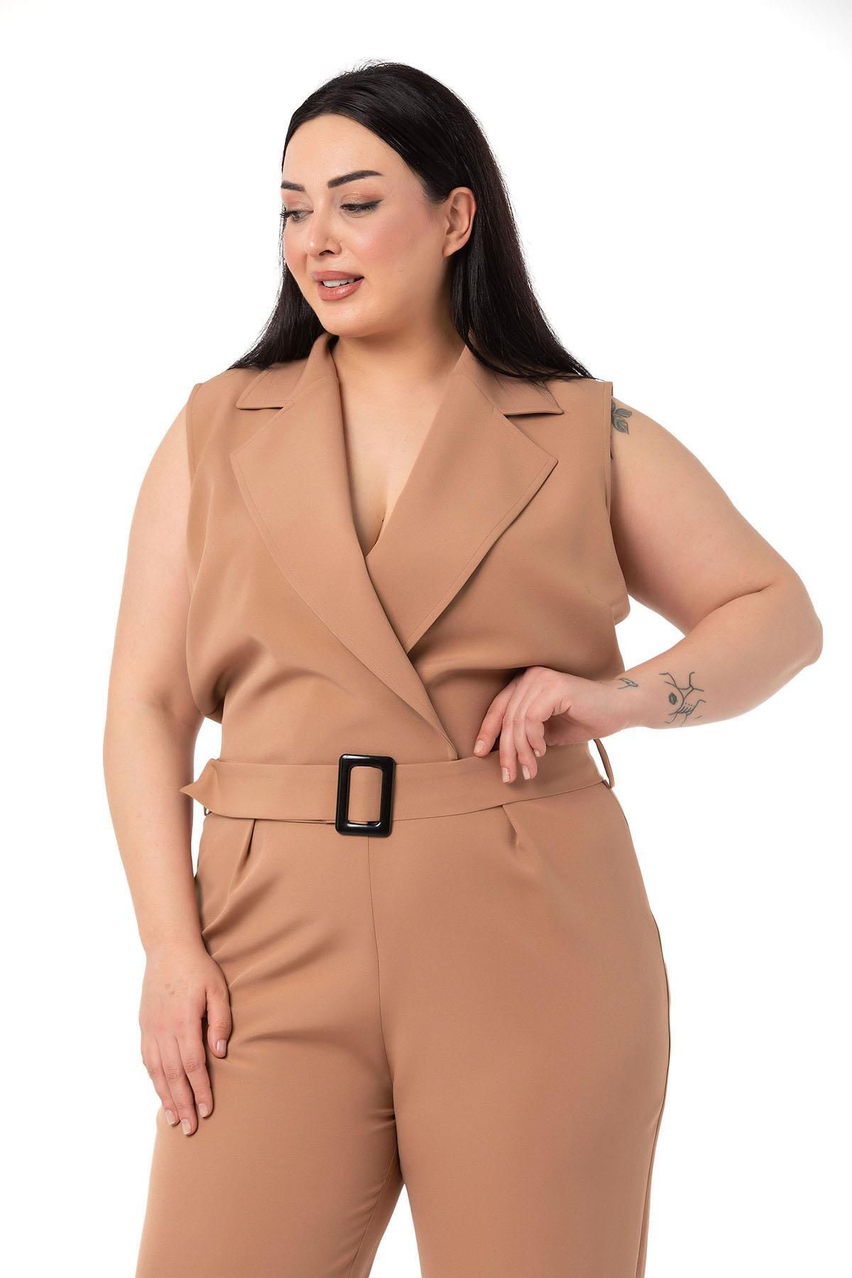 DISENTIS MODEST-Plus Size Double-breasted Elastic Waist Zipper Closure Belt Mink Jumpsuit 5
