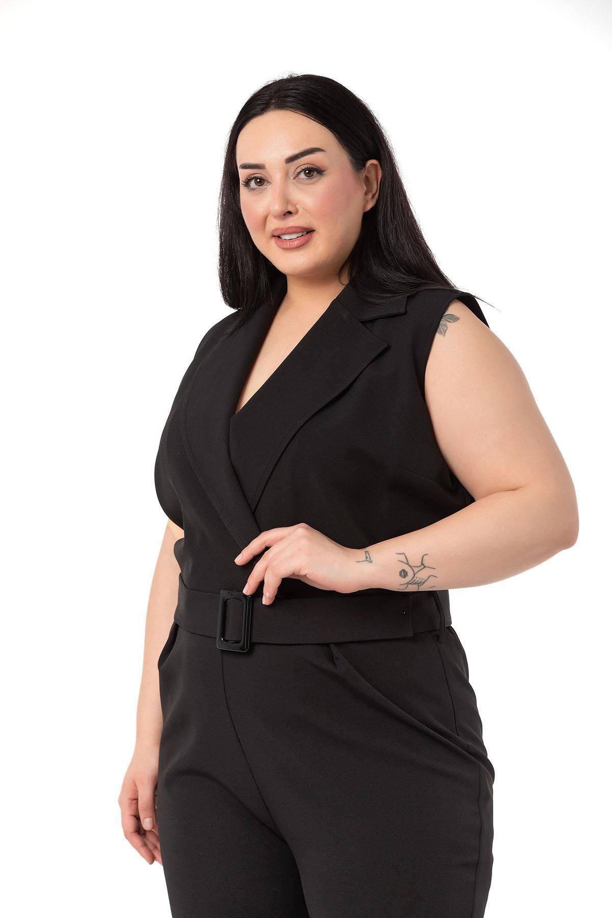 DISENTIS MODEST-Plus Size Double-breasted Black Jumpsuit with Elastic Waist, Zipper Closure and Belt 5