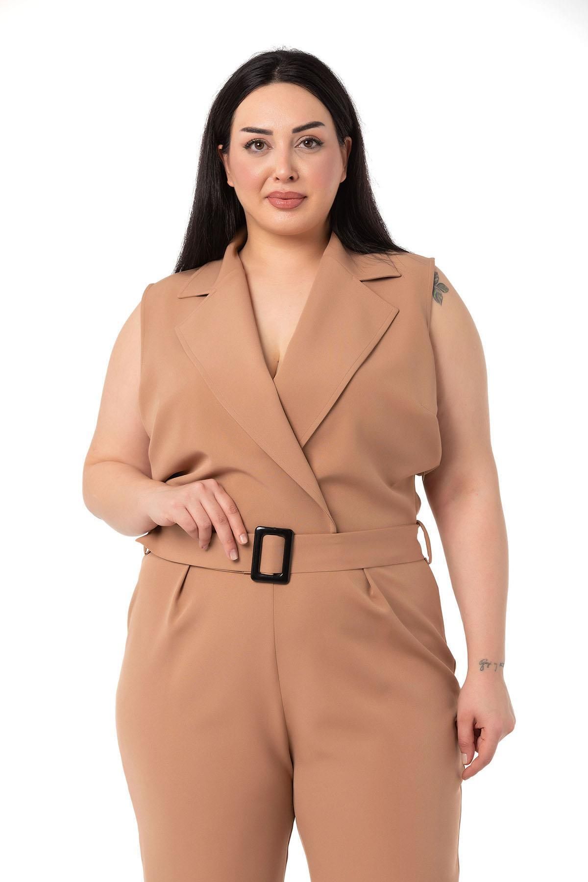 DISENTIS MODEST-Plus Size Double-breasted Elastic Waist Zipper Closure Belt Mink Jumpsuit 2