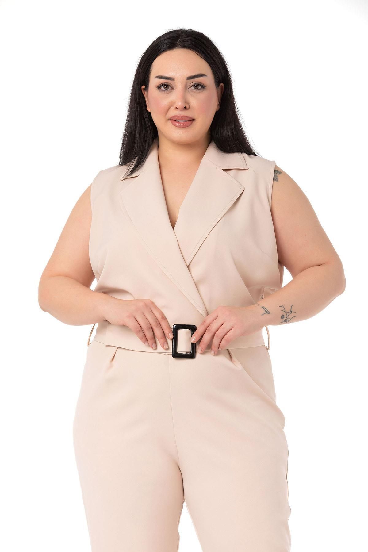 DISENTIS MODEST-Plus Size Double-breasted Beige Jumpsuit with Elastic Waist, Zipper Closure and Belt 4