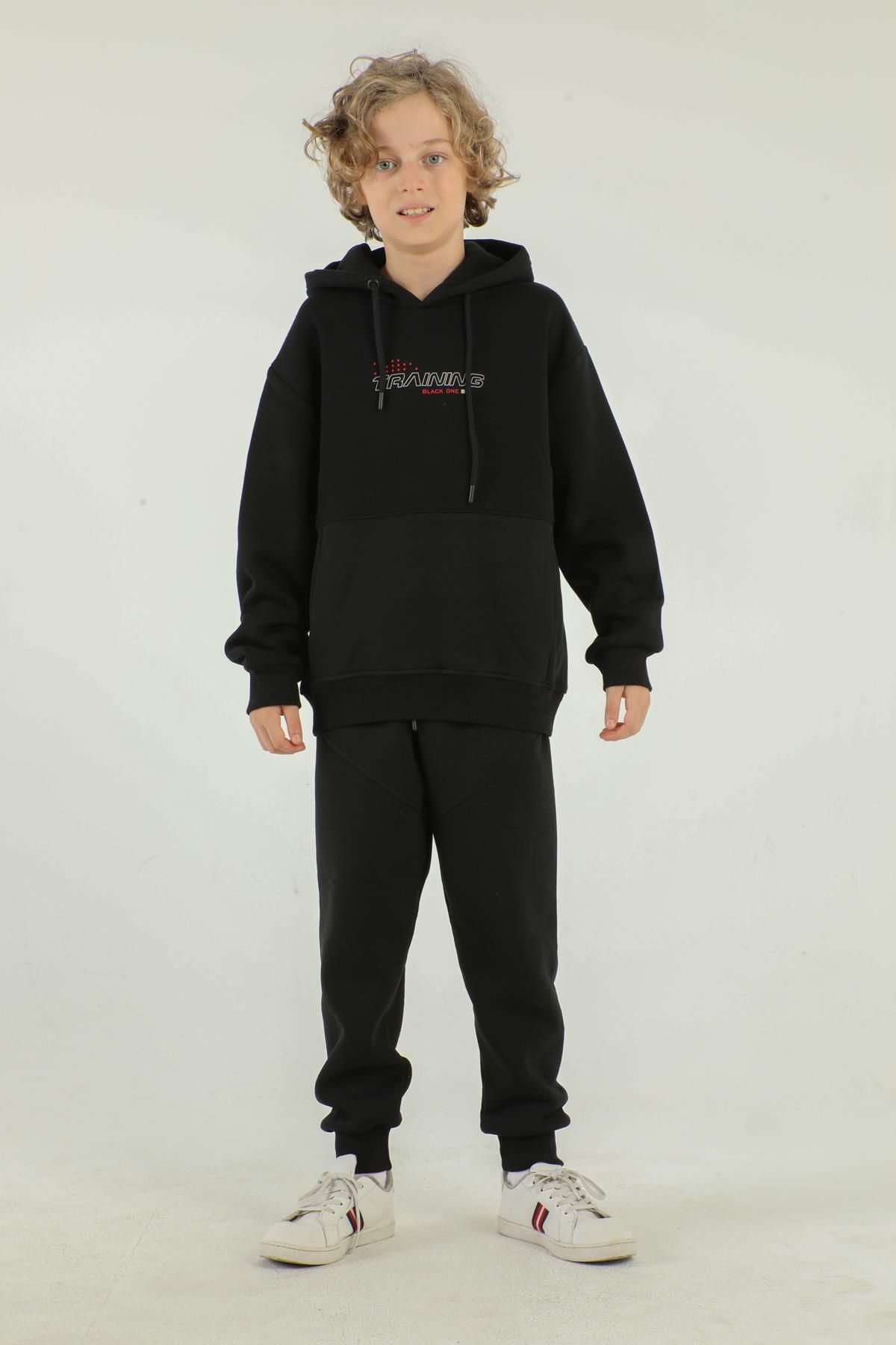 Black One Set De Trening Pentru Băieți, Cu Imprimeu Cu Glugă, Cu Buzunare Cargo Masculin - 8-9 ani