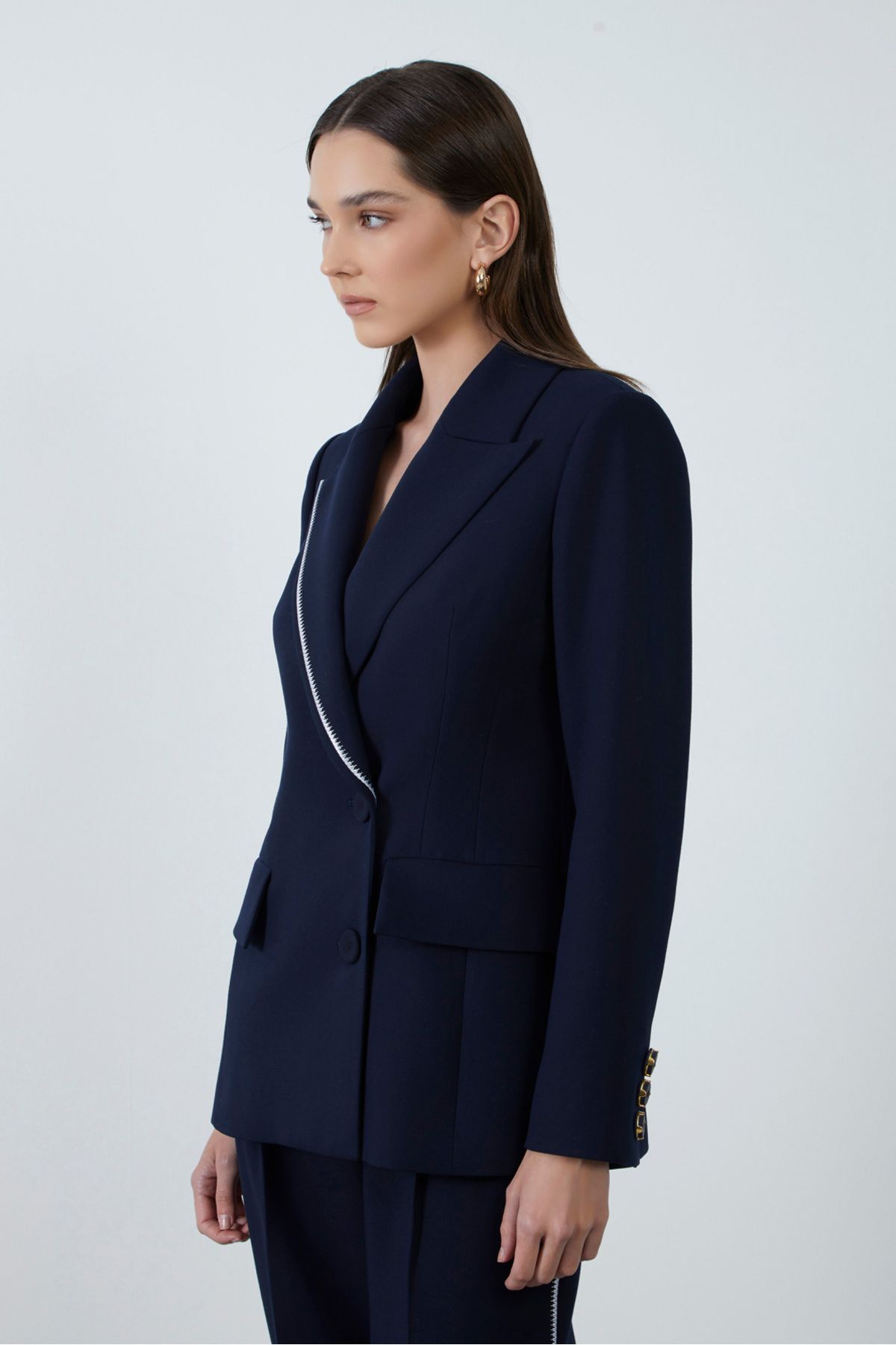 GİZİA-Neckline Embroidery Detailed Navy Blue Jacket 3