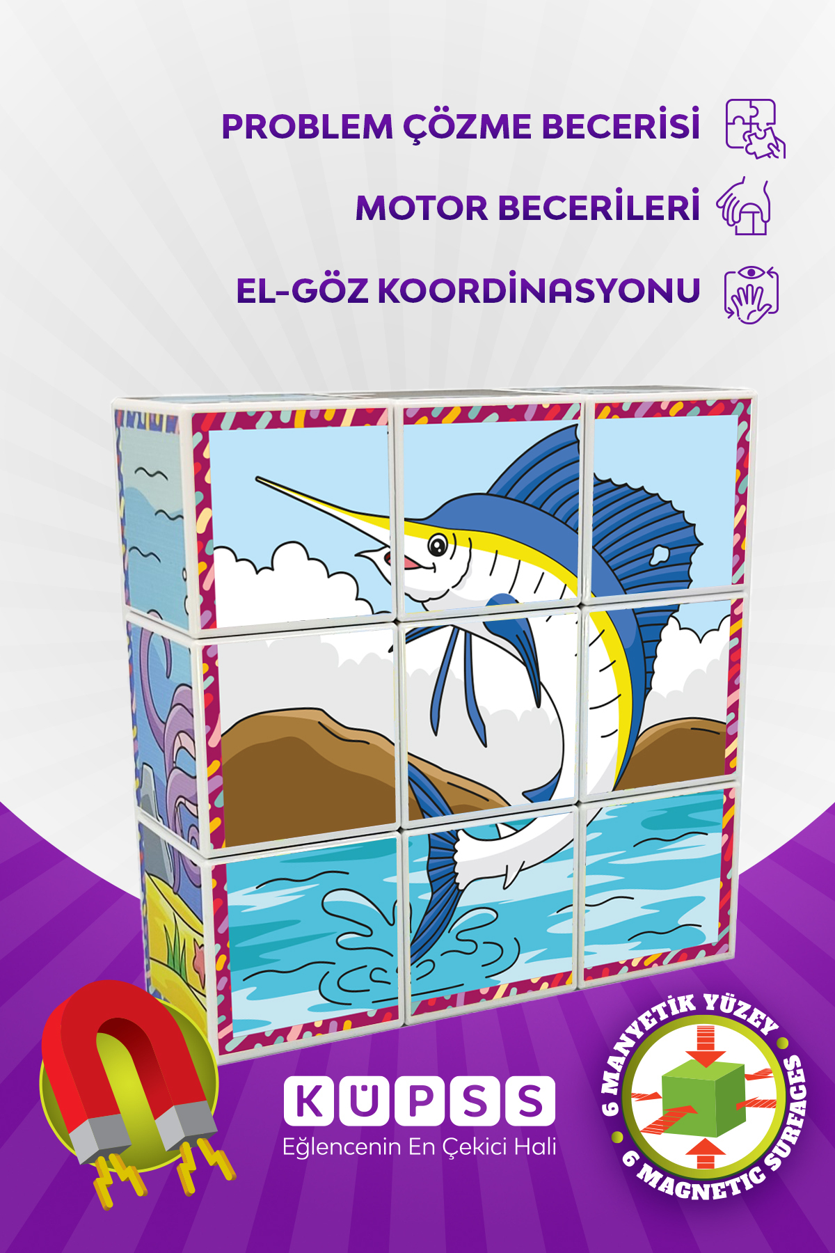 KÜPSS Deniz Hayvanları 6 Farklı Yapboz 3d Manyetik Küp Puzzle 3 4 5 6 Yaş Zeka Geliştirici Oyuncaklar fotoğrafı 3 (önizleme)