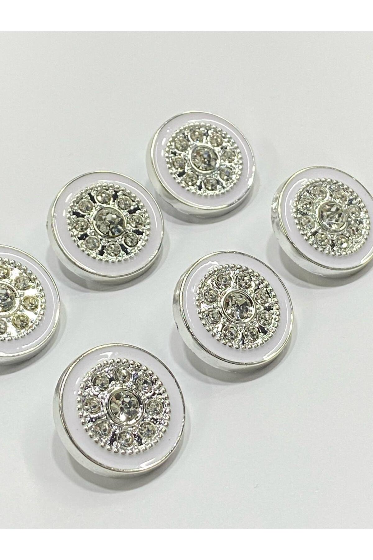 Stoned Button / White Enamel Silver (metalized) / Set of 6 / 2.5 cm