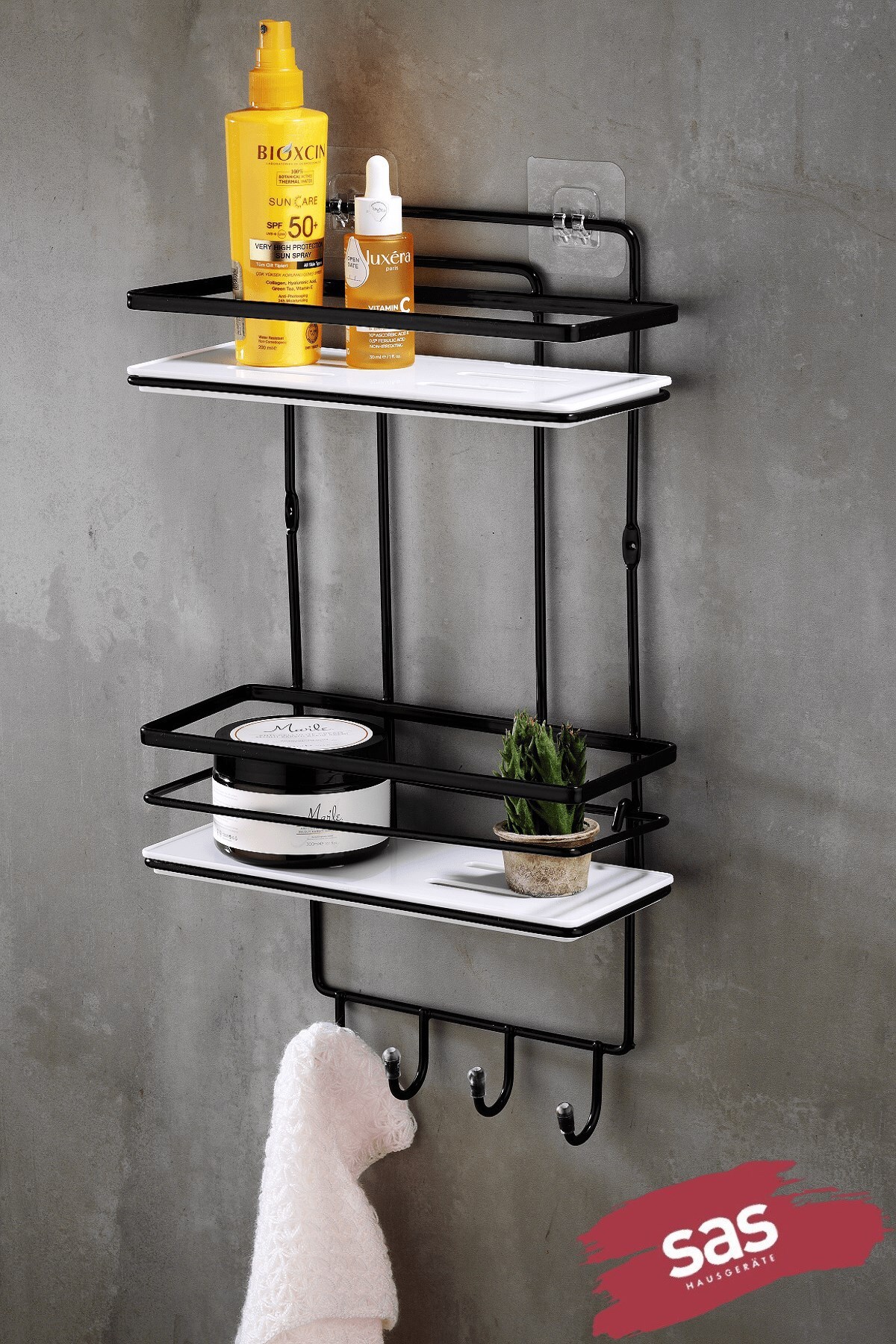 Adhesive Bathroom Shower Shelf with 2-Tier Hook – Adjustable Crystal Shelf (Paste/Screw) Black-White