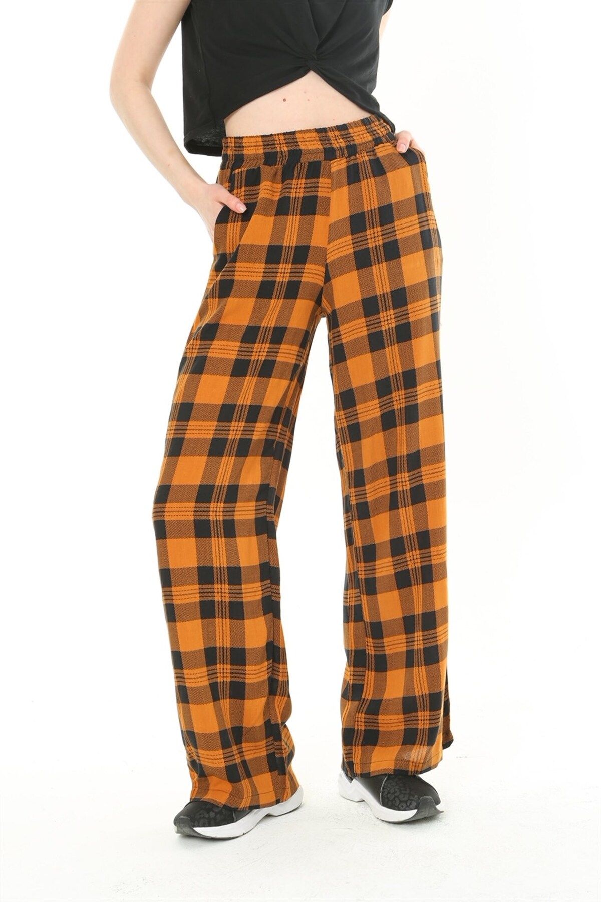 MAMAYAGA-Women's Woven Viscose Checkerboard Patterned Large Size Slouch Pants with Pockets and Elastic Waist 3