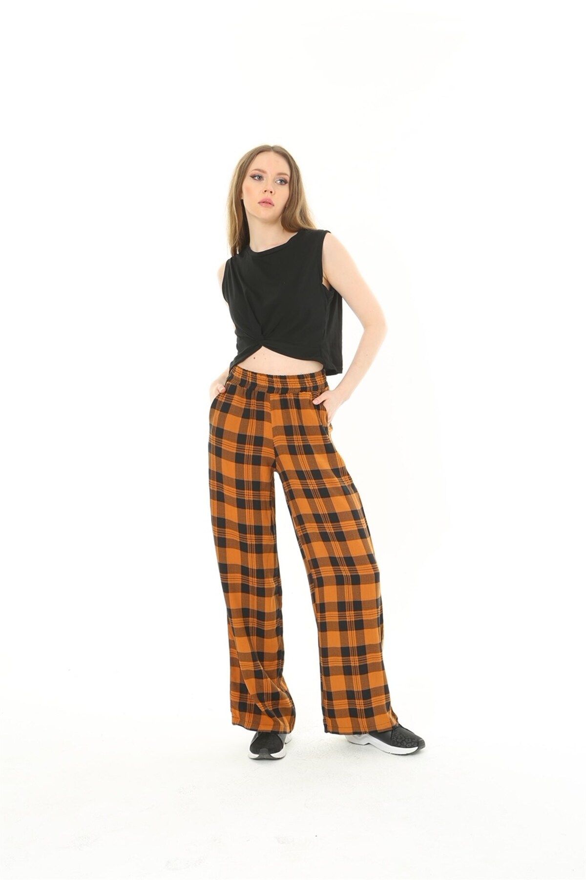 MAMAYAGA-Women's Woven Viscose Checkerboard Patterned Large Size Slouch Pants with Pockets and Elastic Waist 2