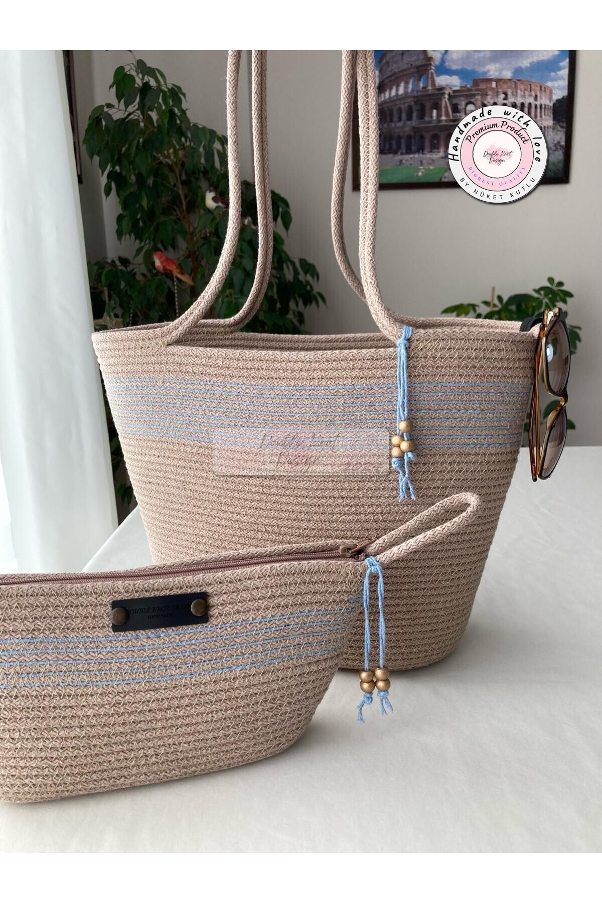 2-Piece Set Beach Bag , Handbag Clutch, Totebag, Women's Bag, Summer, Gift, Wicker Jute Tress
