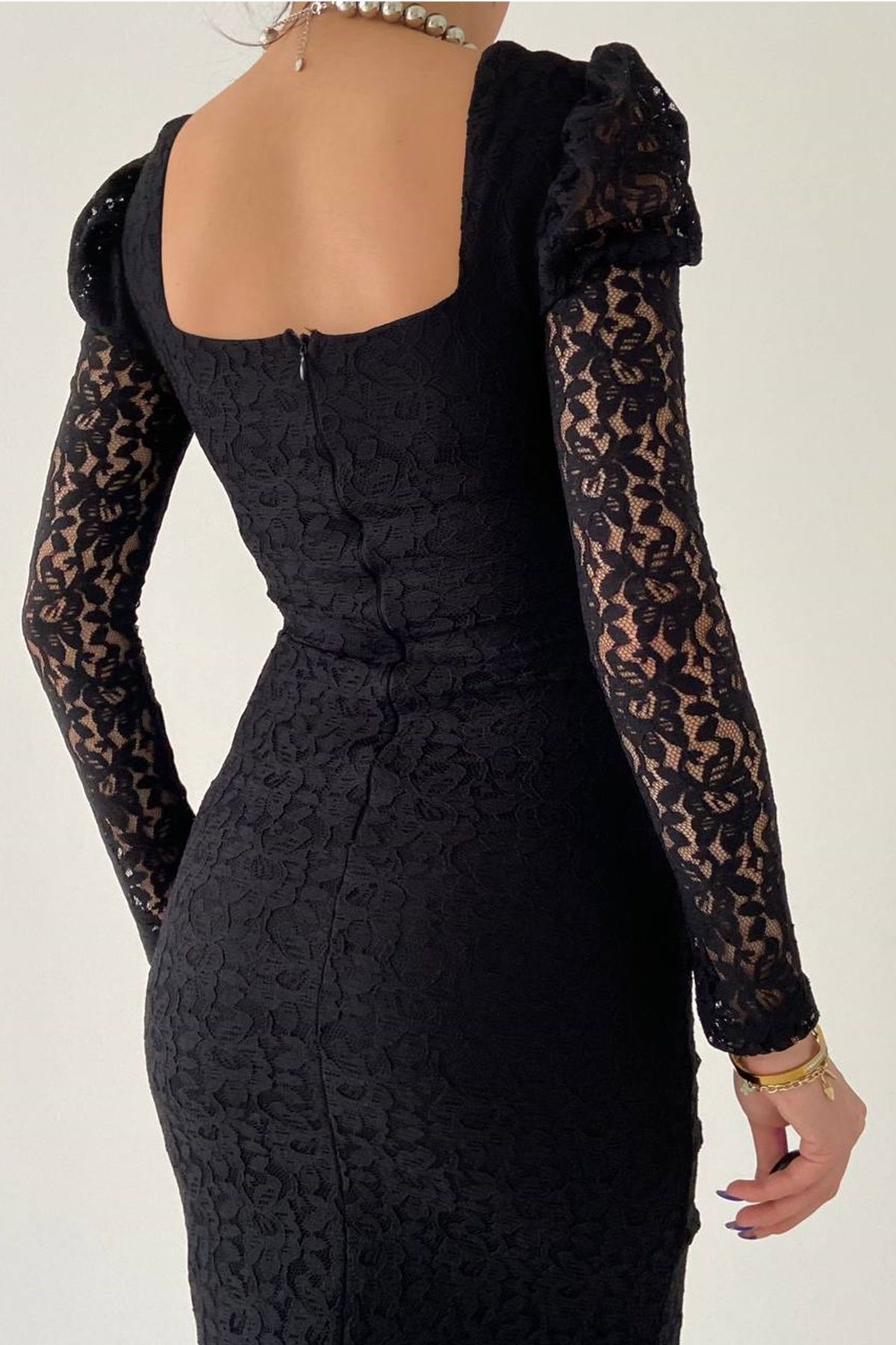lovebox-Damen Abendkleid 215, Spitze, vorne drapiert, Ärmel transparent, schwarzes Midikleid 3