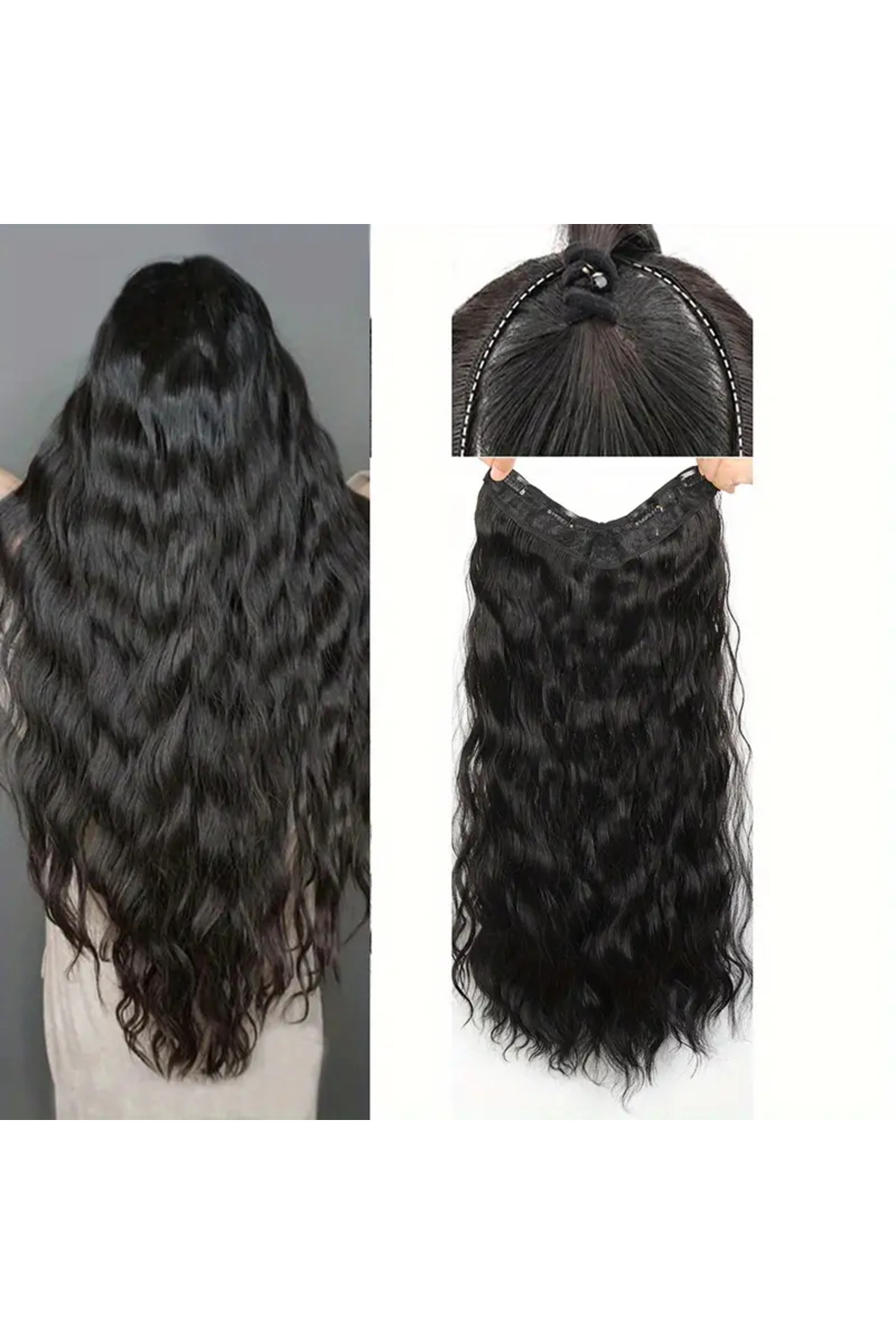 CESLİFE 75cm Dalgalı Geniş Yarım Ay Çıt Çıt U Part Postiş Saç - Siyah