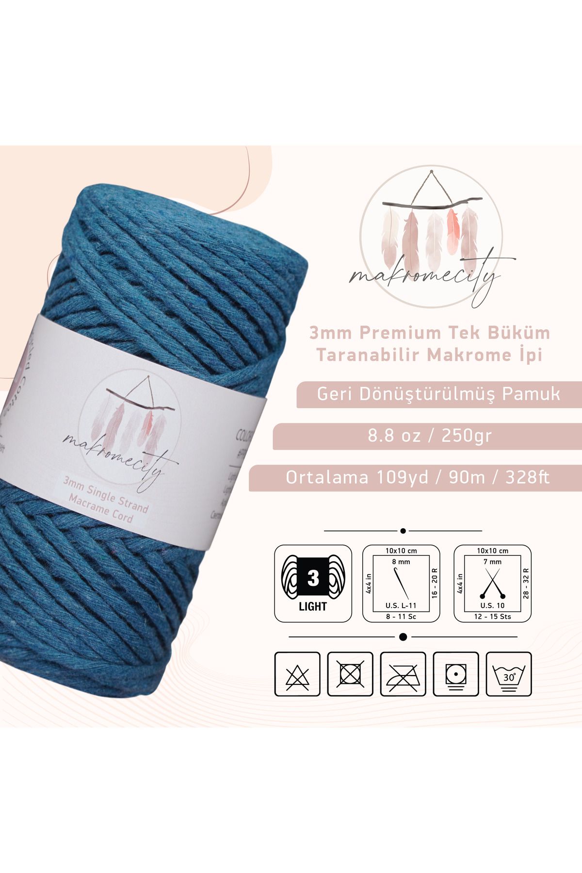 Makromecity-Scalloped Macrame Thread 3mm Scalloped Cotton Macrame Thread Macrame Thread Denim Blue 2
