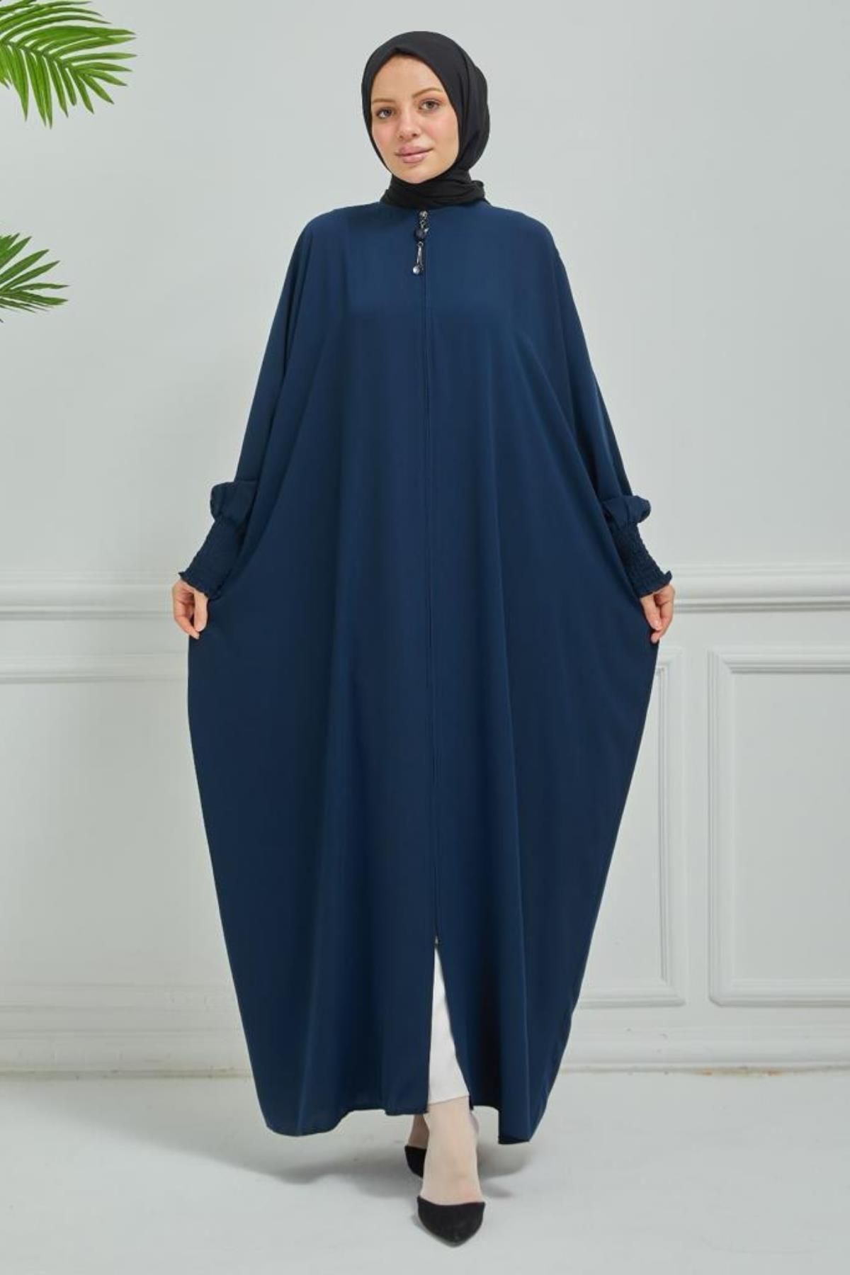 ASİLNUR Bat Sleeve Abaya Zippered Navy Blue 2245-1