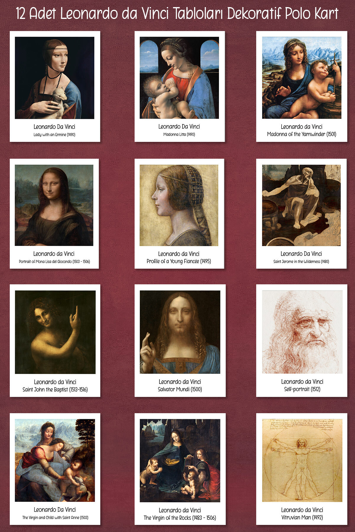 Runrux Leonardo da Vinci Tabloları 12 Adet Dekoratif Polo Kart - Sanatsal Poster Kartları
