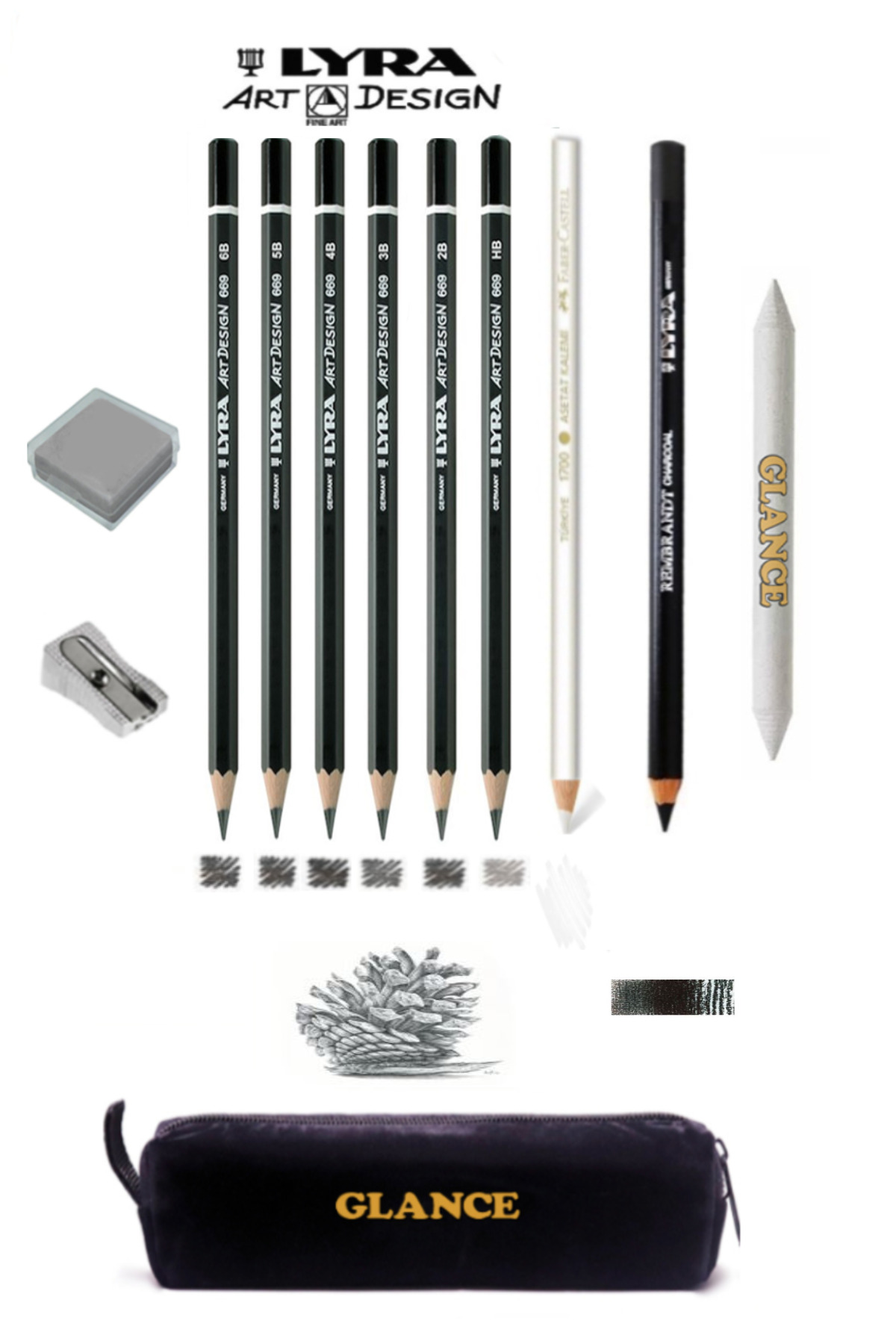 GLANCE Lyra Dereceli Karakalem Eskiz Profesyonel Çizim Seti