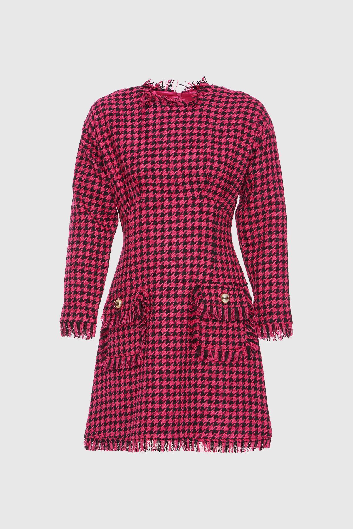 Two Pockets Houndstooth Tweed Pink Dress
