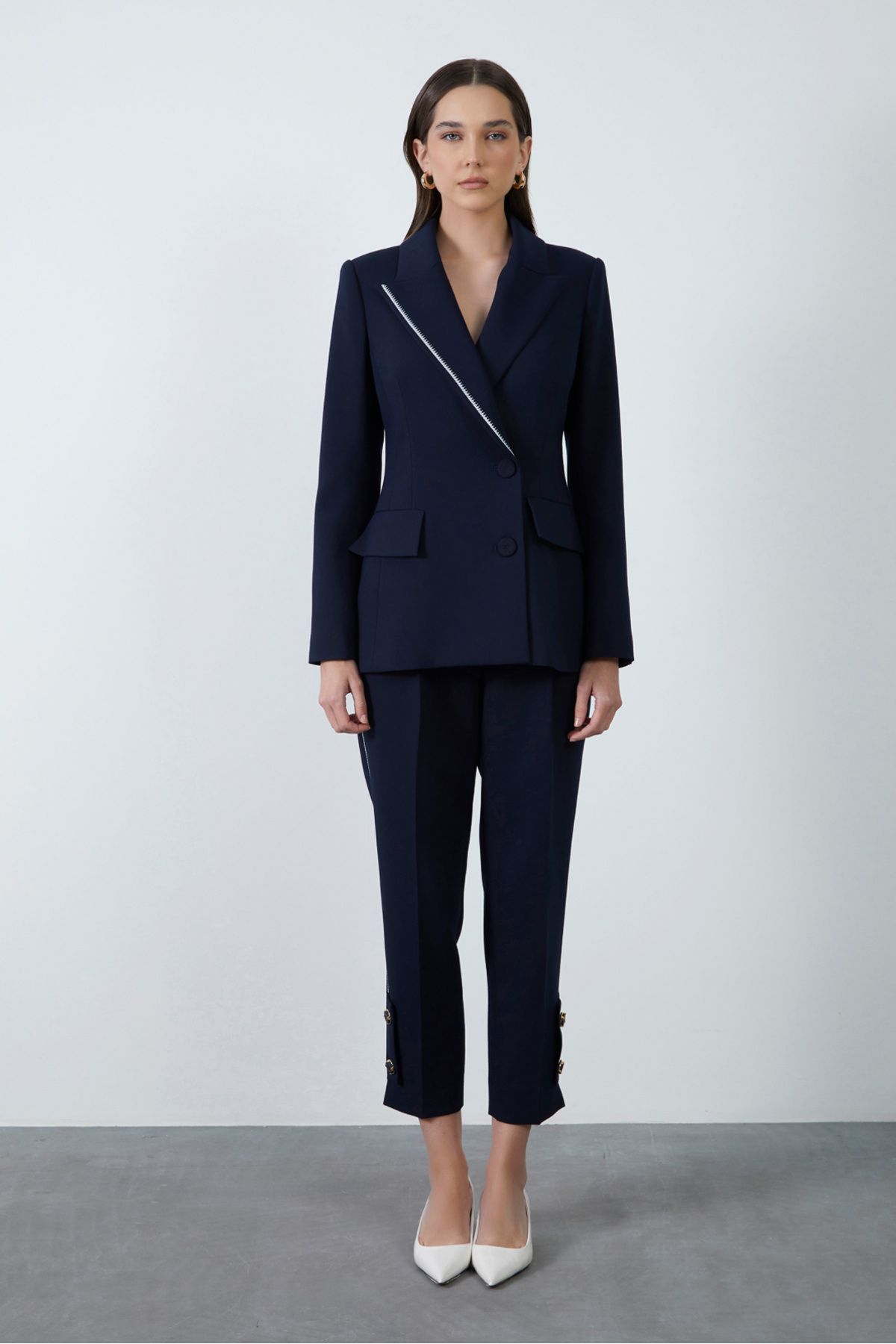 GİZİA-Neckline Embroidery Detailed Navy Blue Jacket 2