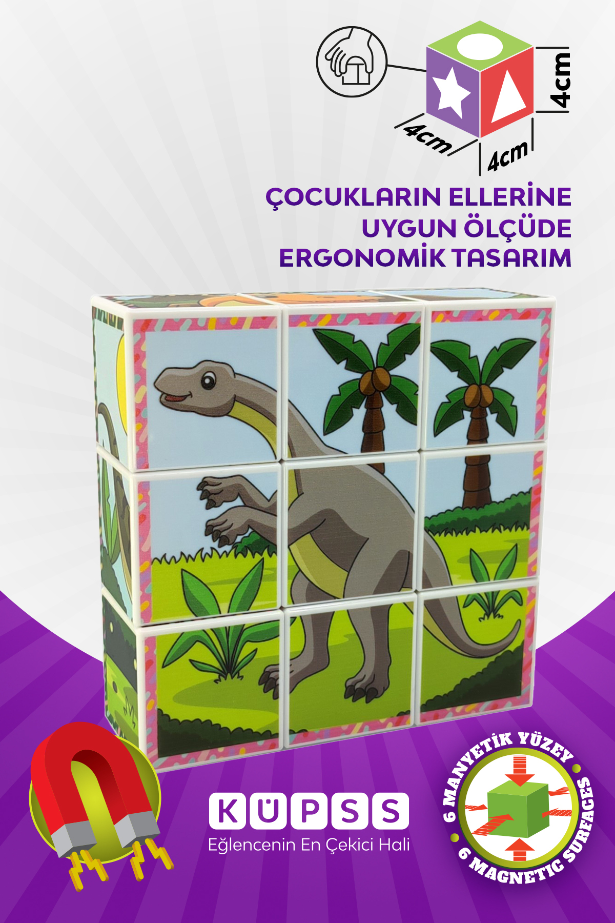 KÜPSS Dinozorlar Manyetik Küp Puzzle - 6 Farklı Yapboz (SERİ 2) fotoğrafı 4 (önizleme)
