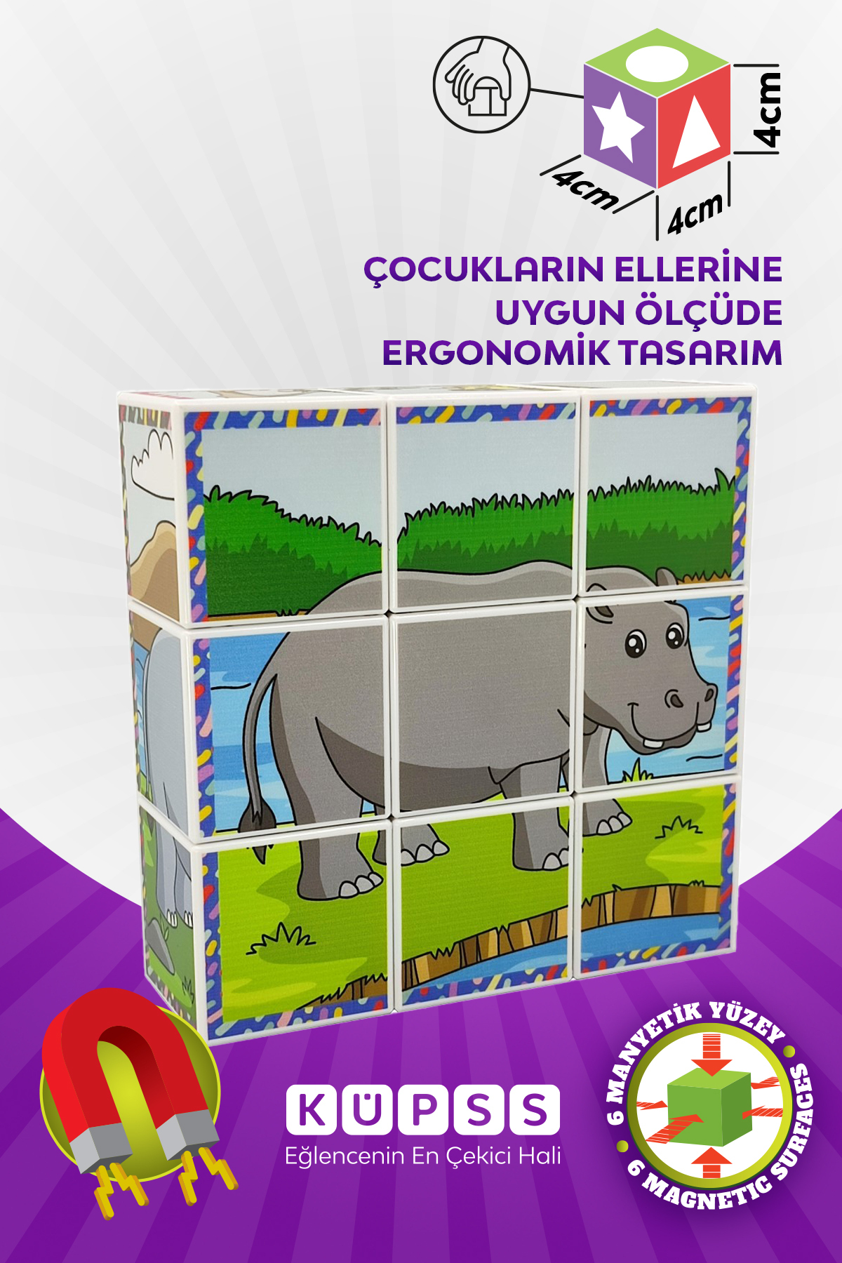 KÜPSS Safari Hayvanları Manyetik Küp Puzzle - 6 Farklı Yapboz fotoğrafı 5 (önizleme)