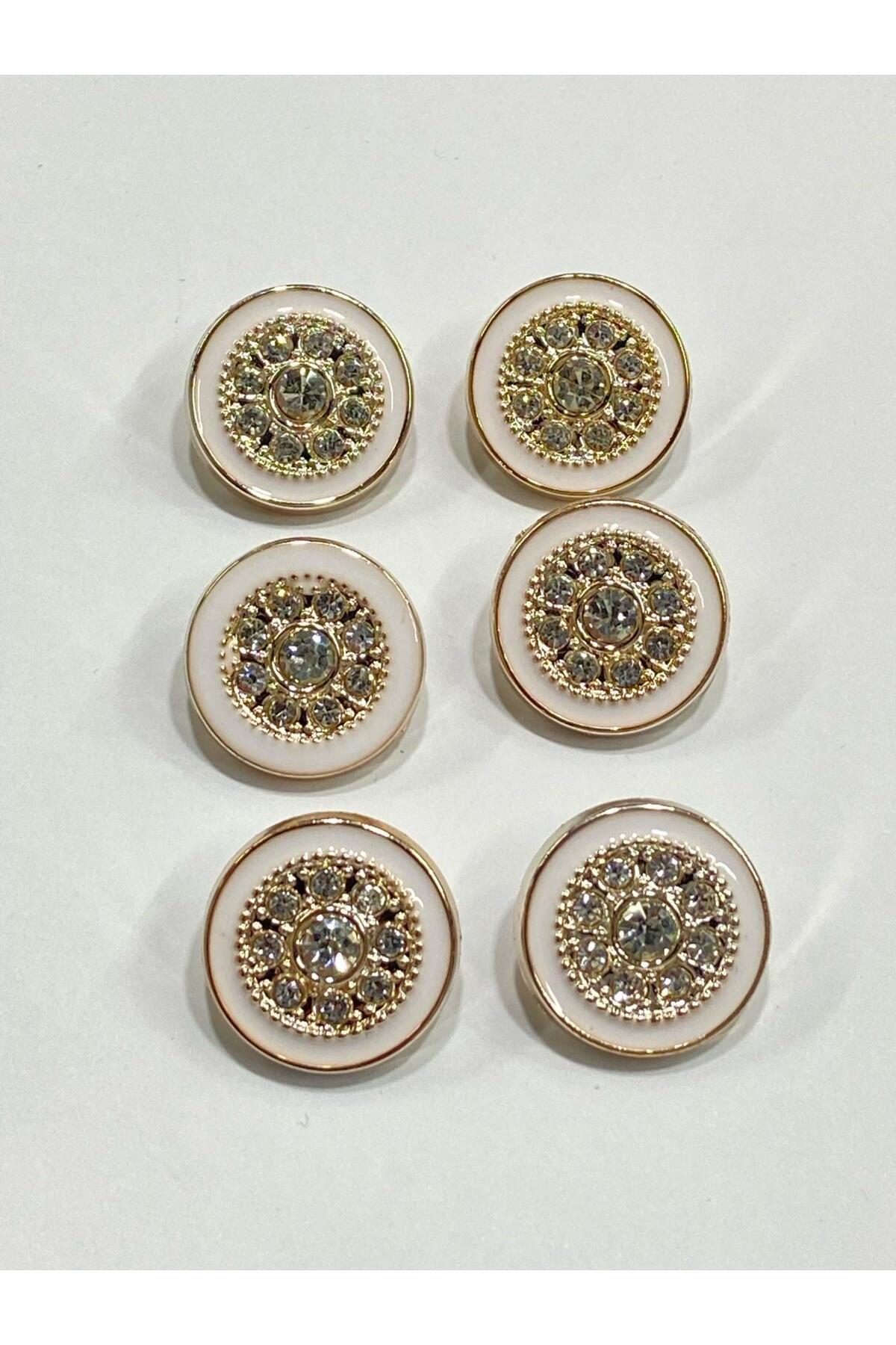 Stoned Button / White Enameled Gold (metalized) / Set of 6 / 2.5 cm