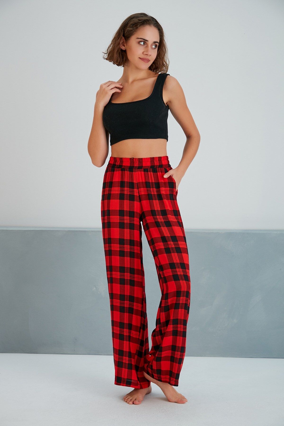 MAMAYAGA-Women's Woven Viscose Checkerboard Patterned Large Size Slouch Pants with Pockets and Elastic Waist 2