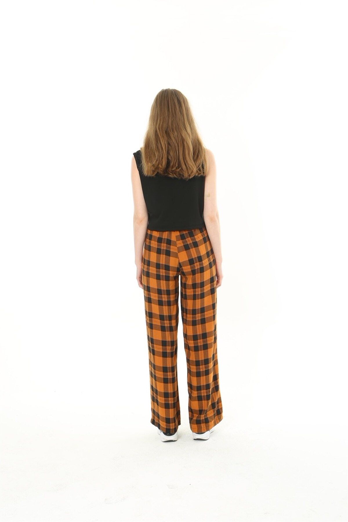 MAMAYAGA-Women's Woven Viscose Checkerboard Patterned Large Size Slouch Pants with Pockets and Elastic Waist 4