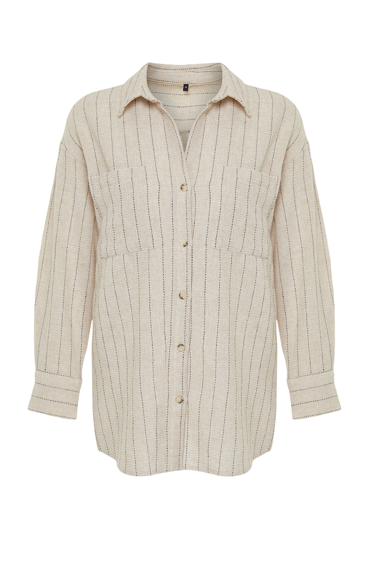 Trendyolmilla  Bej Çizgili Oversize Keten Görünümlü Dokuma Gömlek TWOSS24GO00047 - Görsel 8