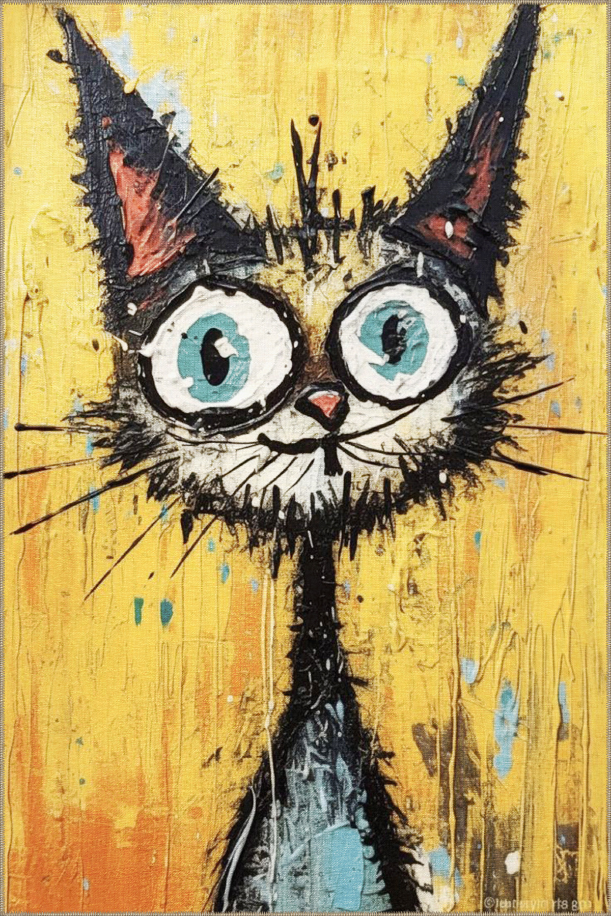 Yellow Themed Surrealist Design Cartoonist Cat Pattern Modern Decorative Rug 3466