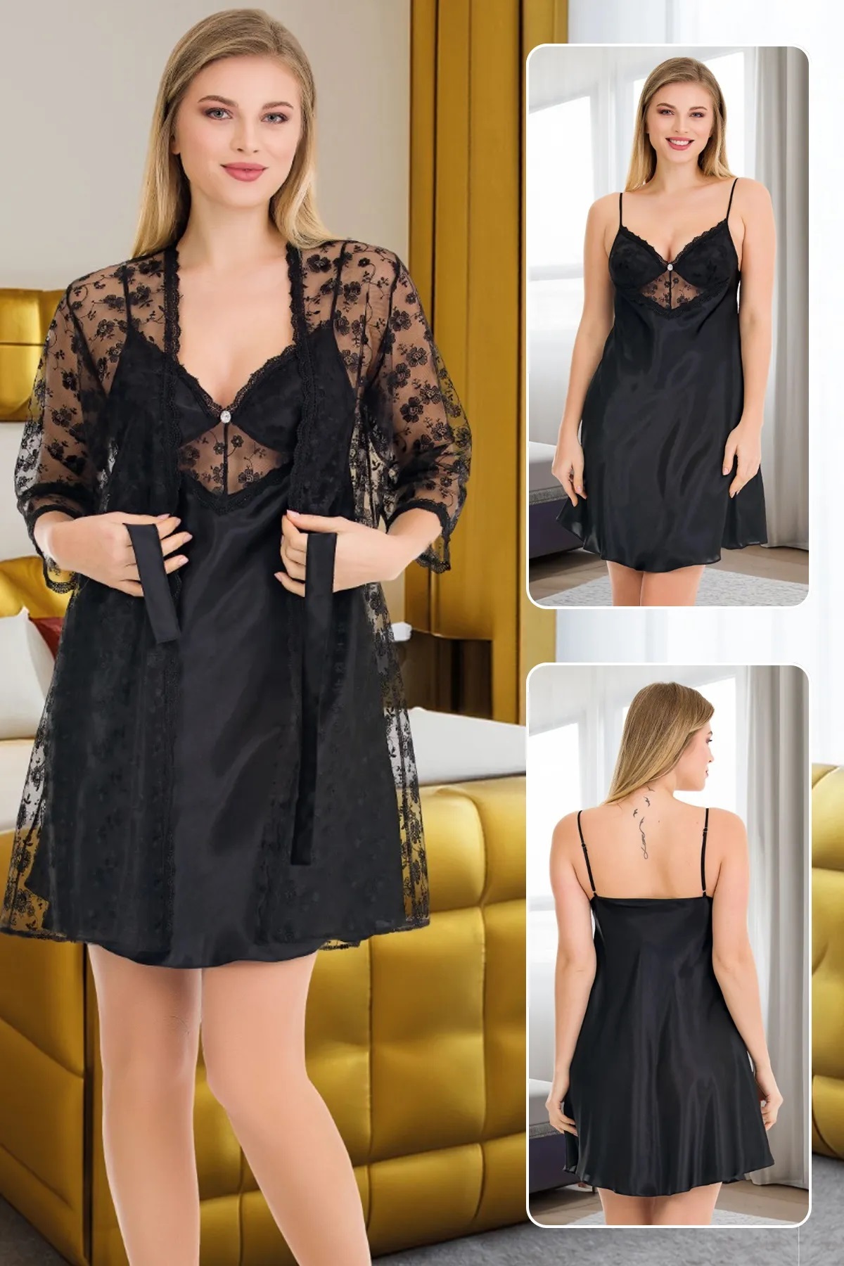 by İGP Siyah Dantel Sabahlıklı Brode Saten Gecelik Takım