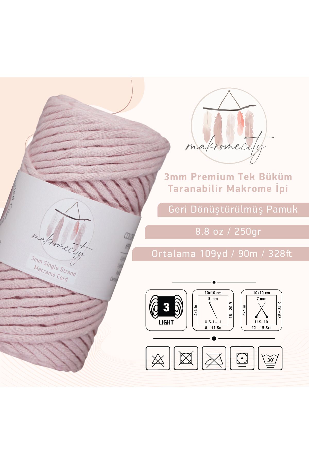 Makromecity-Scalloped Macrame Thread 3mm Scalloped Cotton Macrame Thread Macrame Thread Baby Pink 2