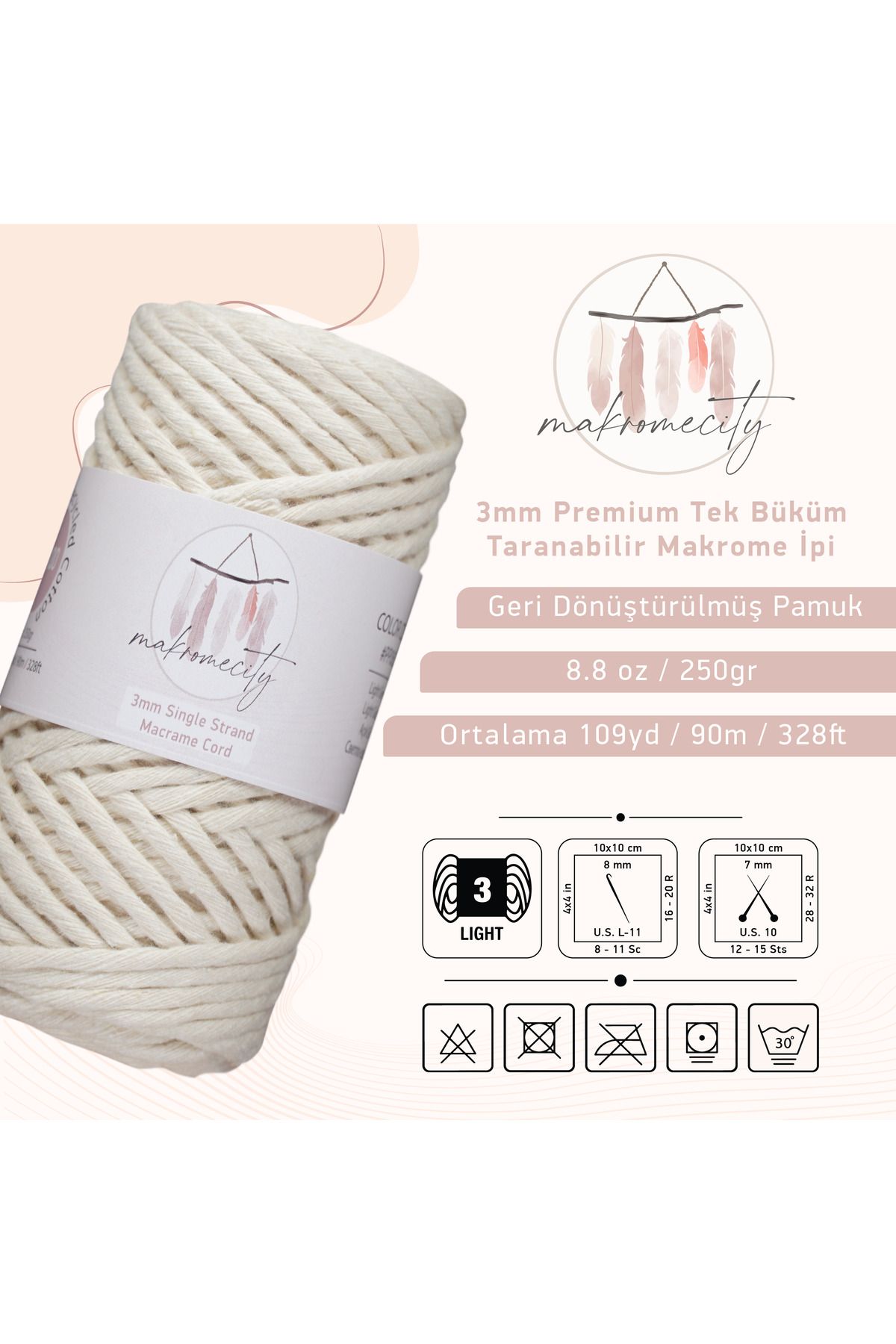 Makromecity-Scalloped Macrame Thread 3mm Scalloped Cotton Macrame Thread Macrame Thread Ecru 2