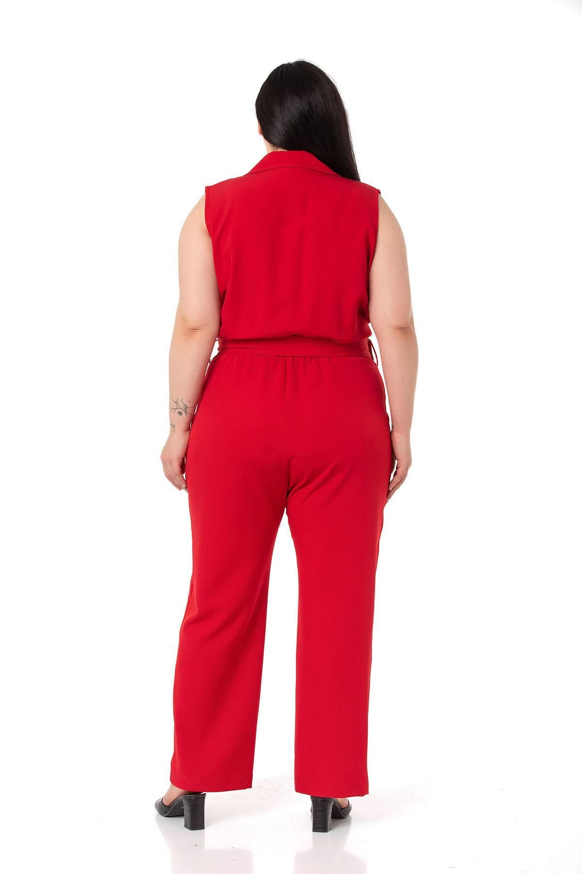 DISENTIS MODEST-Plus Size Double-breasted Red Jumpsuit with Elastic Waist, Zipper Closure and Belt 3