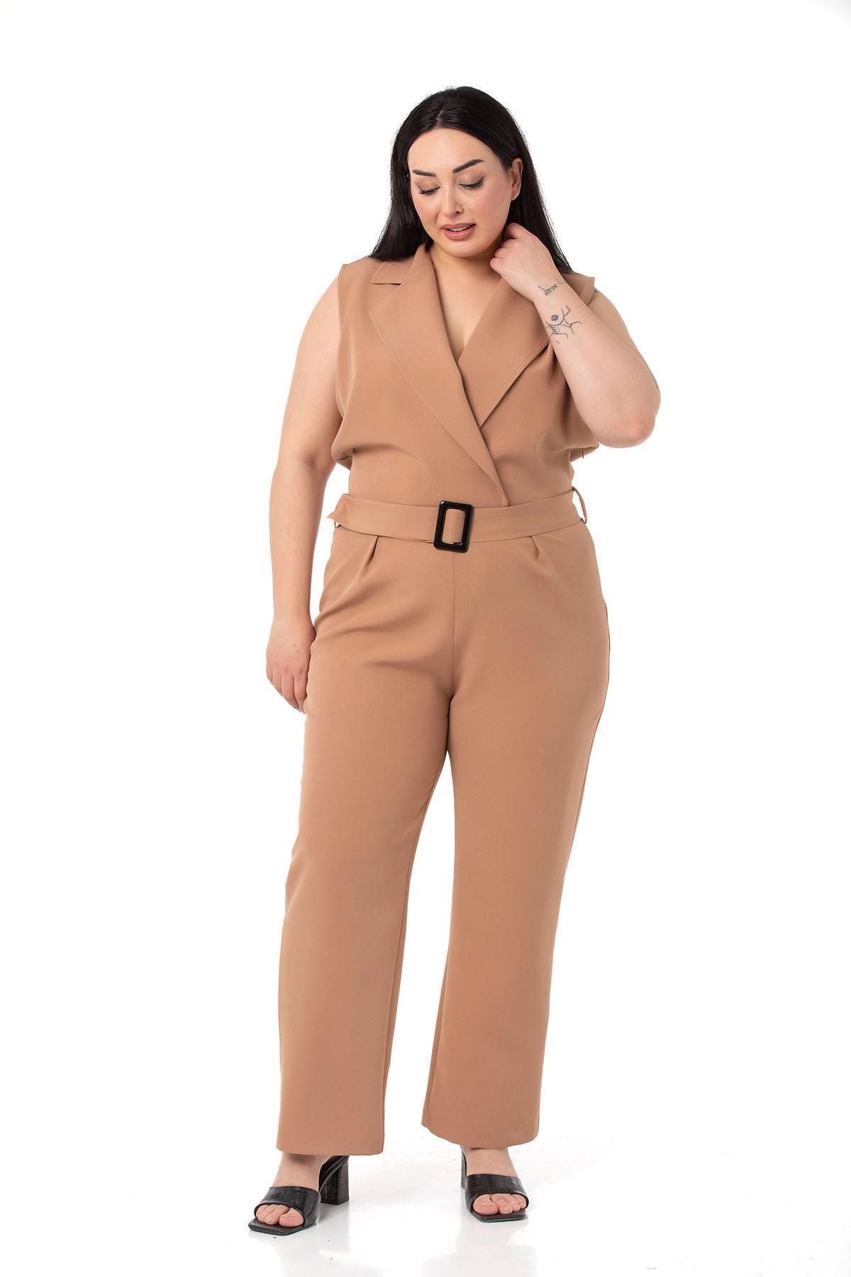 DISENTIS MODEST-Plus Size Double-breasted Elastic Waist Zipper Closure Belt Mink Jumpsuit 4
