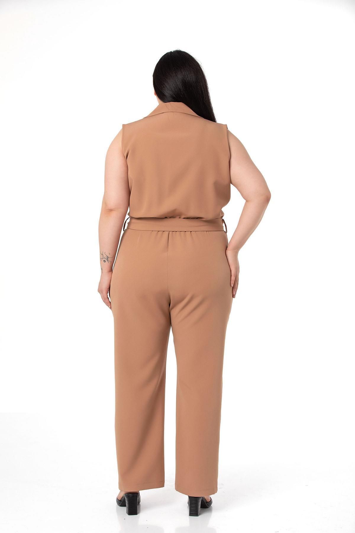 DISENTIS MODEST-Plus Size Double-breasted Elastic Waist Zipper Closure Belt Mink Jumpsuit 3