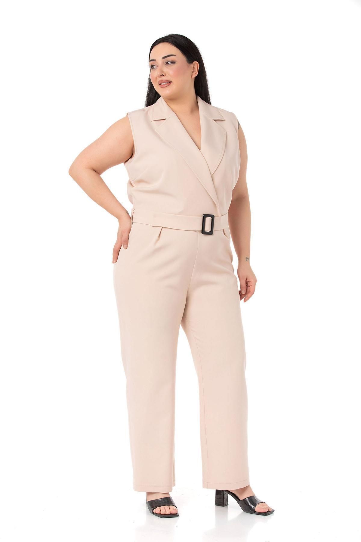 DISENTIS MODEST-Plus Size Double-breasted Beige Jumpsuit with Elastic Waist, Zipper Closure and Belt 5