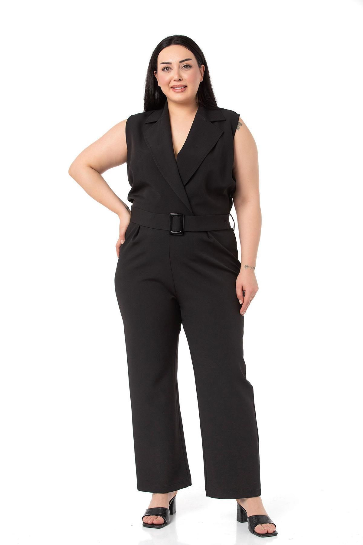 DISENTIS MODEST-Plus Size Double-breasted Black Jumpsuit with Elastic Waist, Zipper Closure and Belt 4