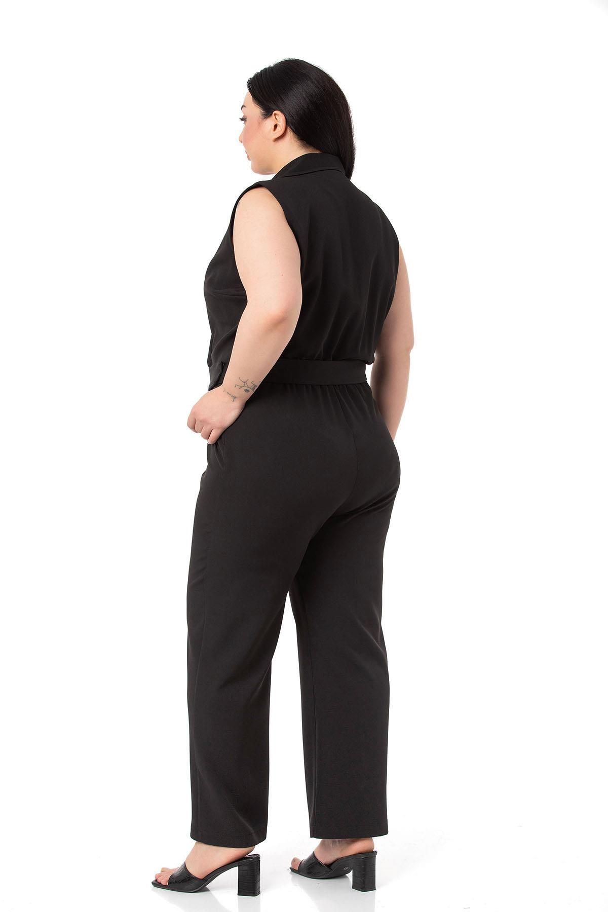 DISENTIS MODEST-Plus Size Double-breasted Black Jumpsuit with Elastic Waist, Zipper Closure and Belt 3