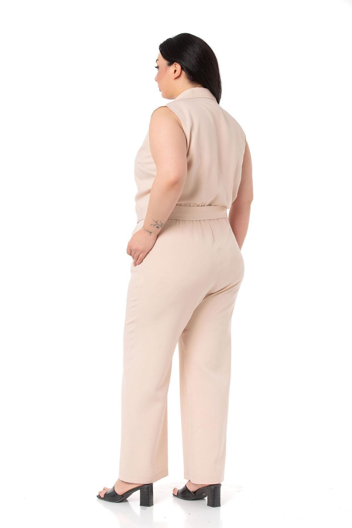 DISENTIS MODEST-Plus Size Double-breasted Beige Jumpsuit with Elastic Waist, Zipper Closure and Belt 3