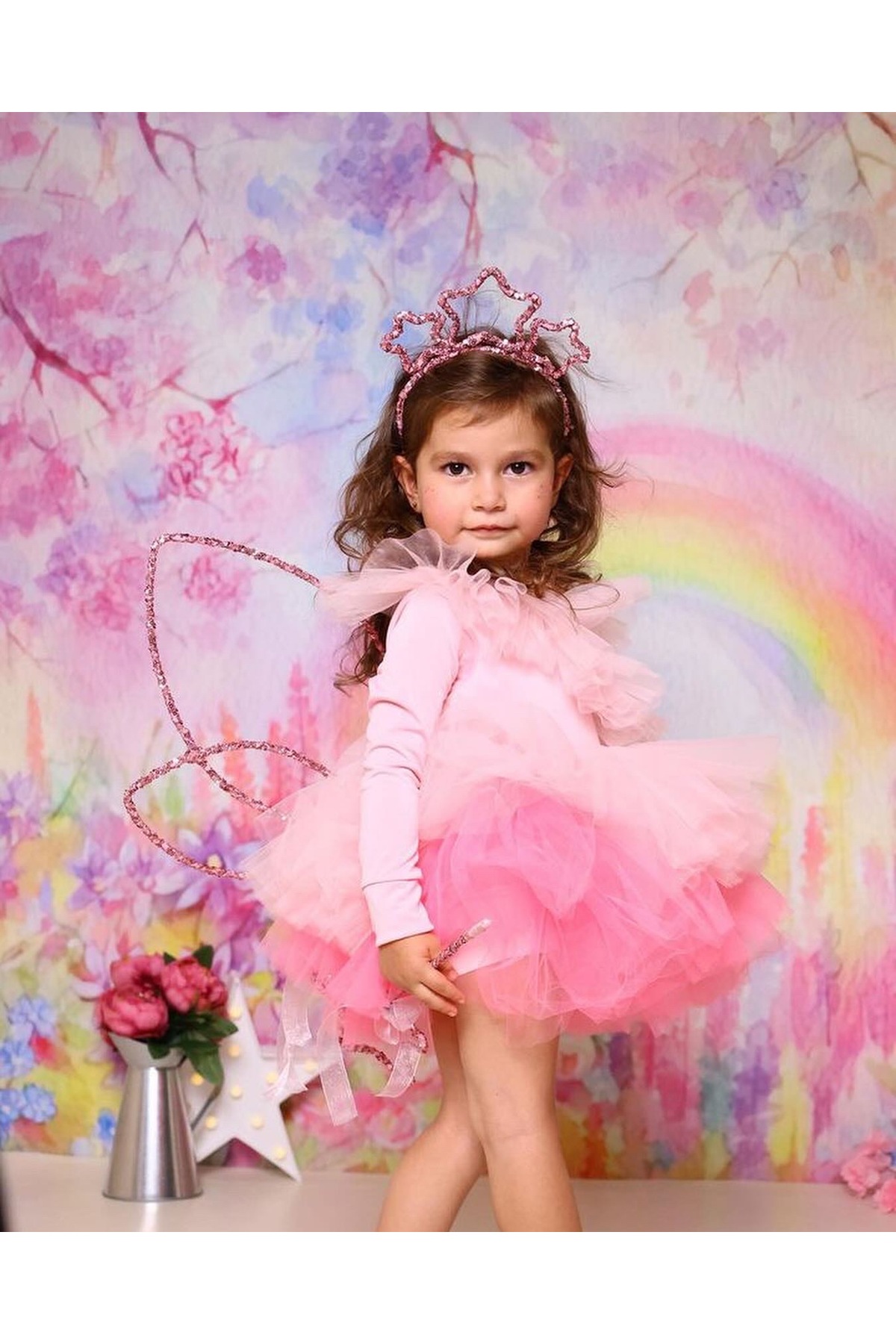 SAKLIDESİGN Çocuk Pembe Renk 3 Yıldız Taç Asa Ve Kanat 3’lü Parti Set