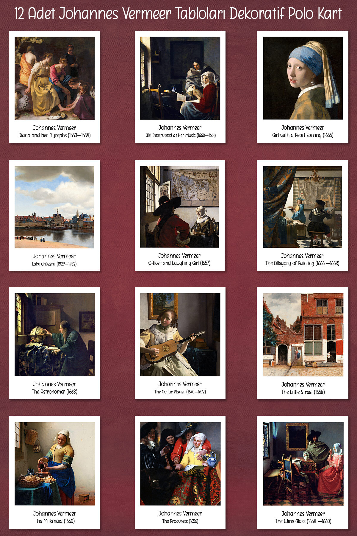 Runrux Johannes Vermeer Tabloları 12 Adet Dekoratif Polo Kart - Sanatsal Poster Kartları