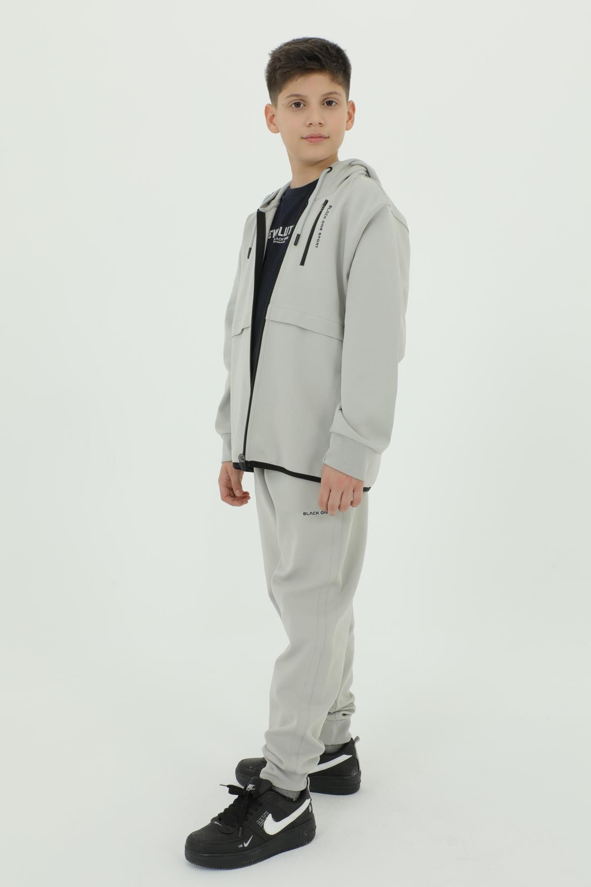 Black One Boy s Hooded Three Piece Print Detailed Tracksuit Set