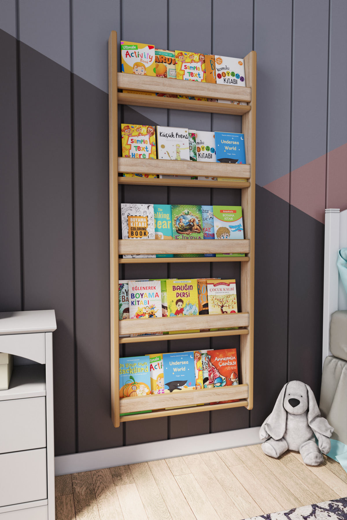 zeo wood design Montessori 5 Raflı Mdf Çocuk Kitaplığı 154*60 Cm Sonoma