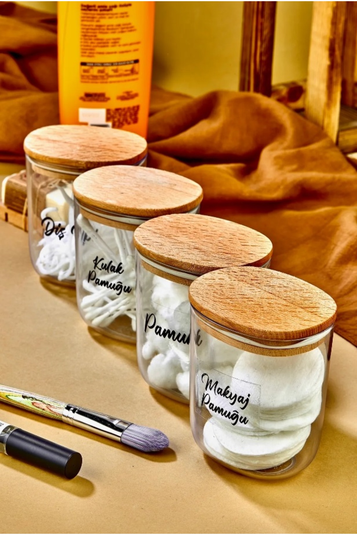4-Piece Wooden Lid Ear Cotton&Cotton&Makeup Cotton&Tooth Rope Storage Box/Organizer 400 Ml