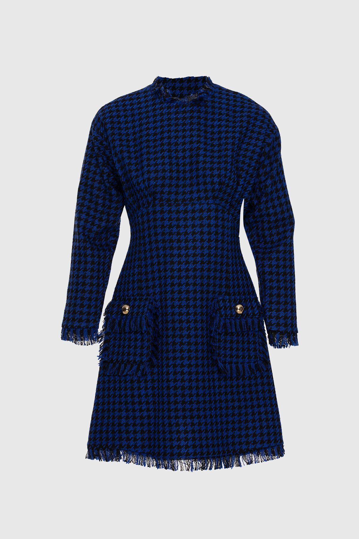 Houndstooth Pattern Tweed Navy Blue Dress with Two Pockets