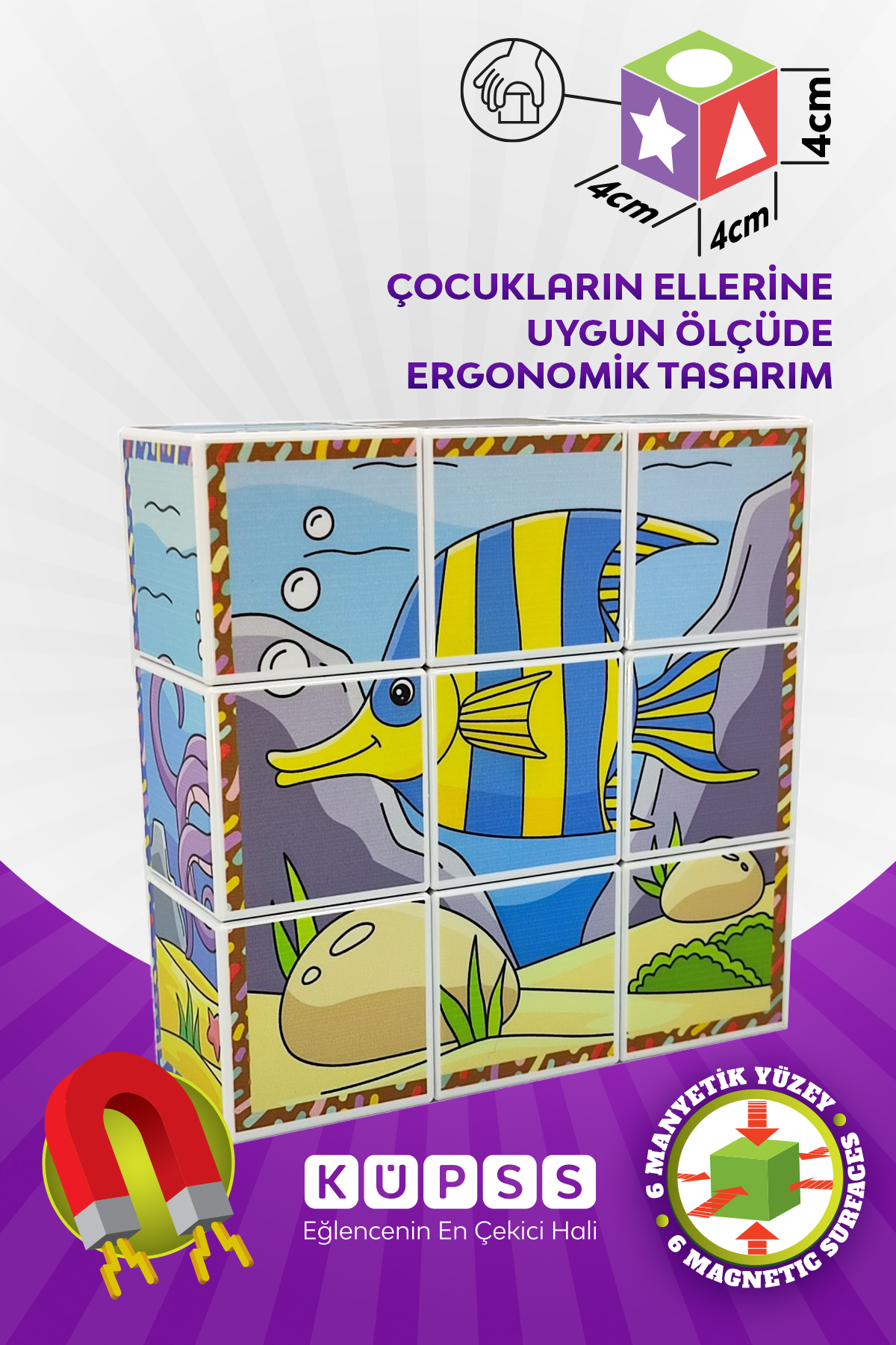 KÜPSS Deniz Hayvanları 6 Farklı Yapboz 3d Manyetik Küp Puzzle 3 4 5 6 Yaş Zeka Geliştirici Oyuncaklar fotoğrafı 5 (önizleme)