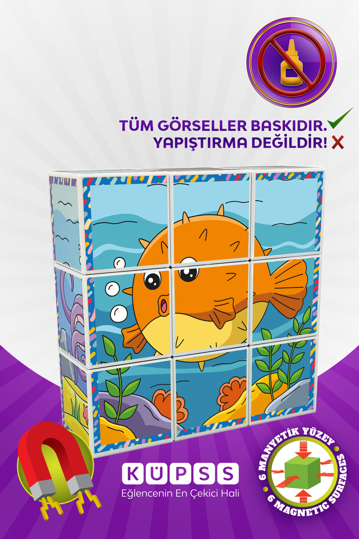 KÜPSS Deniz Hayvanları 6 Farklı Yapboz 3d Manyetik Küp Puzzle 3 4 5 6 Yaş Zeka Geliştirici Oyuncaklar fotoğrafı 2 (önizleme)