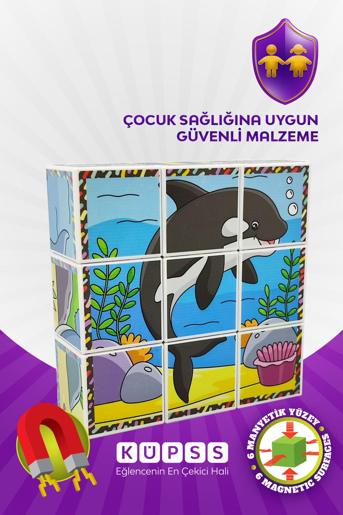 KÜPSS Deniz Hayvanları 6 Farklı Yapboz 3d Manyetik Küp Puzzle 3 4 5 6 Yaş Zeka Geliştirici Oyuncaklar fotoğrafı 4 (önizleme)