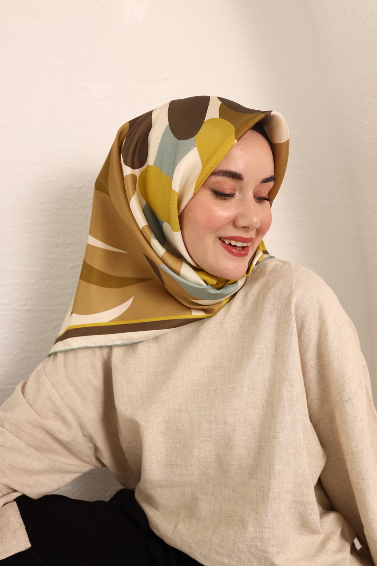 Desenli Twill İpek Eşarp - Hardal