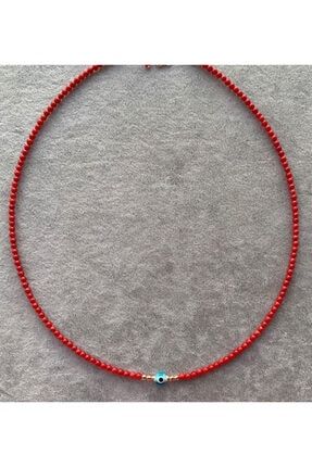 Kadın Kırmızı Mercan Taşlı Gümüş Dorika Toplu Kolye 47000000115
