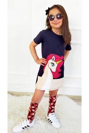 Kız Çocuk Unicorn Desen Penye Tozluklu Elbise 3000-unicornelbise-3-310
